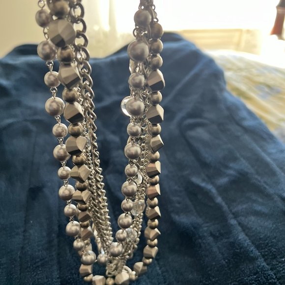 LOFT Silver Chunky Multi-Strand Necklace w/Crystals - 16 - 19 inches adjustable - Picture 2 of 3